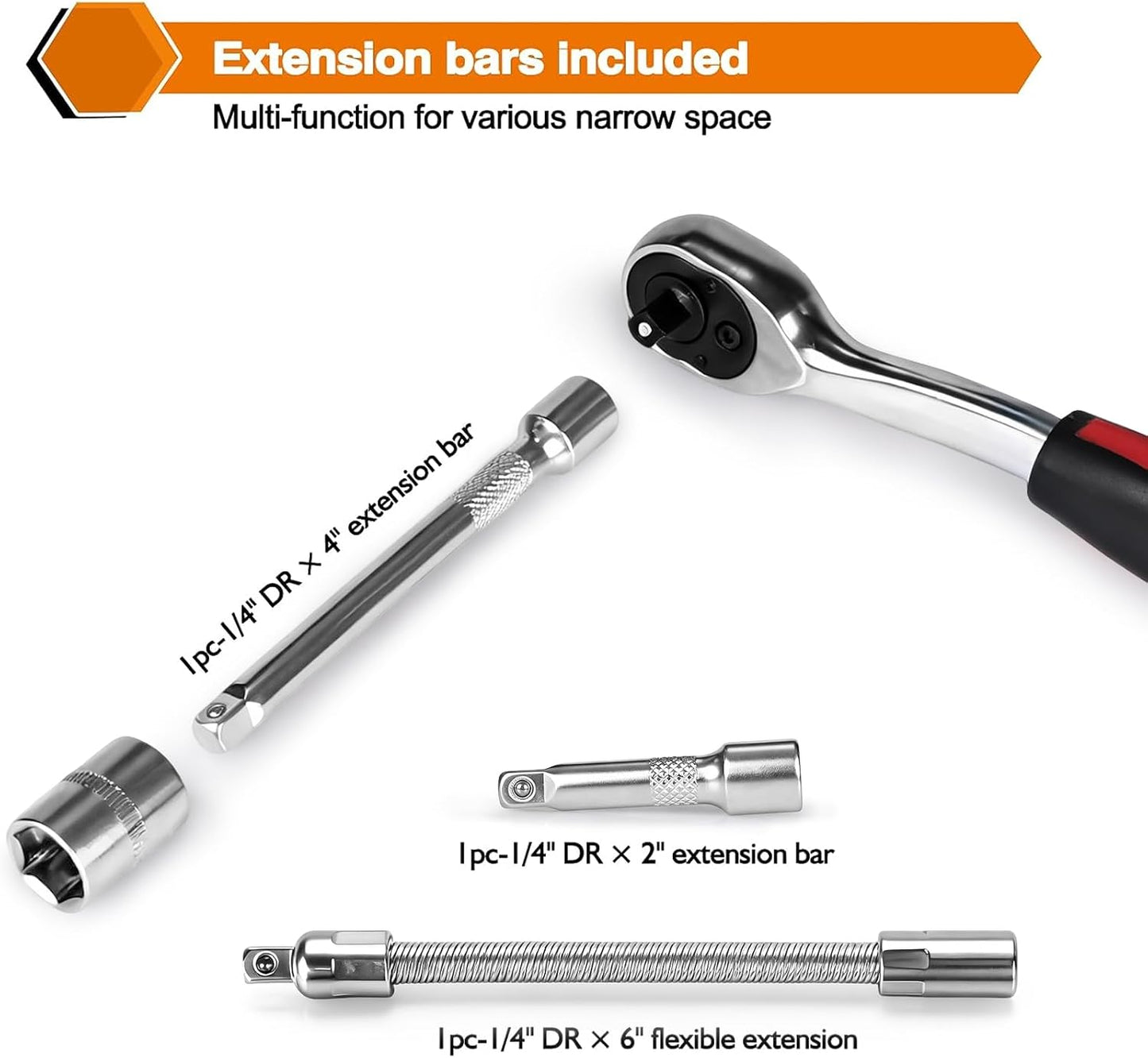 Egofine 46 Pieces 1/4 inch Drive Socket Ratchet Wrench Set, with Bit Socket Set Metric and Extension Bar for Auto Repairing and Household, with Storage Case