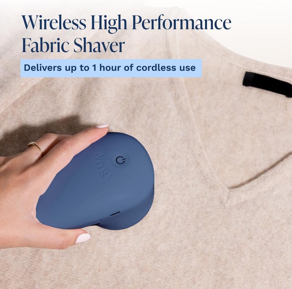 Nori Trim Fabric Shaver - Lint Remover for Clothes & Furniture Couch Pilling - Sweater Pill Remover - Clothes Shaver with 6 Precision Blades - Wireless and Rechargeable - White