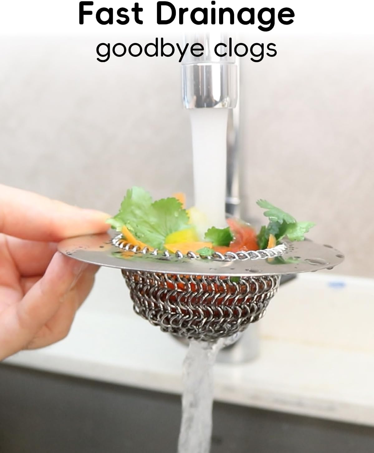 Reversible Kitchen Sink Drain Strainer Basket for Sink & Garbage Disposal | Easy Clean, Anti-Clogging, Fast Drainage, Anti-Slip, Anti-Rust, 304 Stainless Steel, Large Capacity, 4.4",Patented Chain Mesh