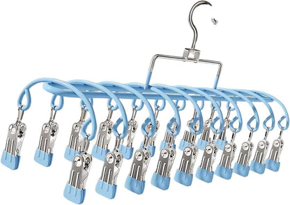 20 Clips Laundry Hanger with Strong Grip Clothespins, Space Saving Sock Drying Rack for Underwear Baby Clothes Towels, Hanging Laundry Organizer for Indoor Outdoor Use,（Blue）