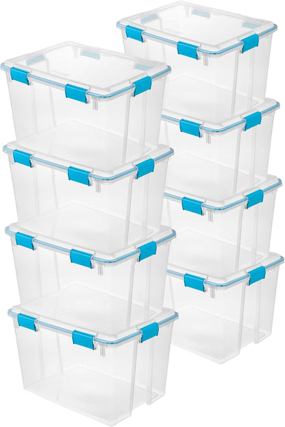 Sterilite 4-Pack Gasket Box, Home Storage Organizer Bins with Lids, 37 Quart – Stackable Clear Plastic Containers for Bedroom, Bathroom, Garage, Basement, or Attic