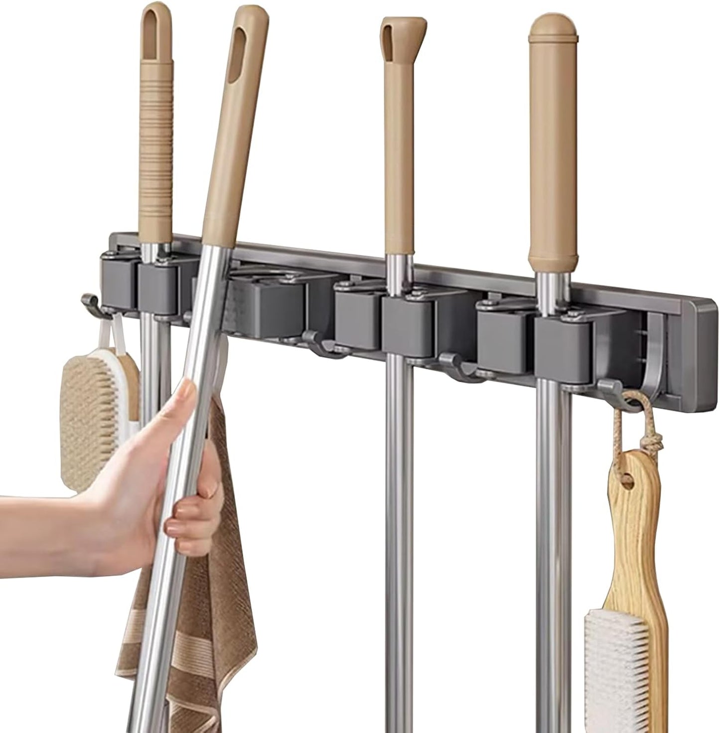 Broom Holder Wall Mount Movable Hooks and Clips Mop and Broom Hanger Wall Mounted Aluminum Garage Tool Organizer Storage Adhesive (Silver: 5 clips with 6 hooks)