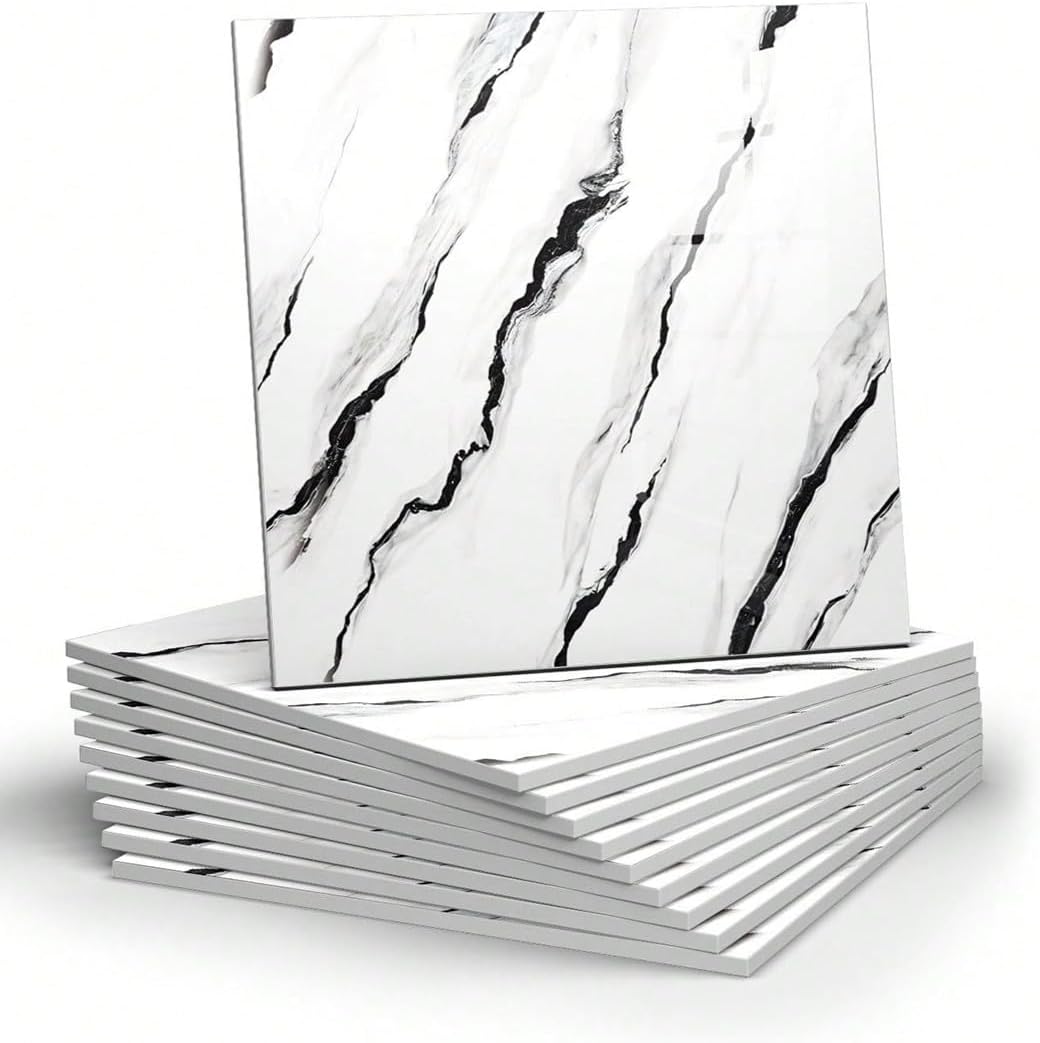 Chejiaye 10pcs Marble Peel and Stick Backsplash Waterproof Washroom Wall Panels, Peel and Stick Tile, PVC Foam Wall Panels for Kitchen,Bathroom,Living Room,Blue and Gold(Not Real Tile,11.8" x 11.8")
