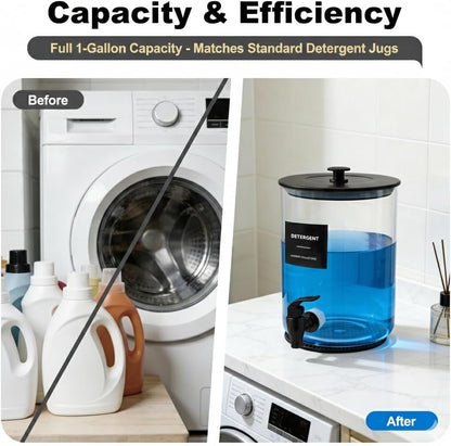 Glass Laundry Detergent Dispenser for Laundry Room Organization-Black | 1 Gallon Large Liquid Soap Dispenser with Black Metal Lid & Leak-Proof Spigot, 1 Measured Cups, 1 Silicone Mats & 9 Labels