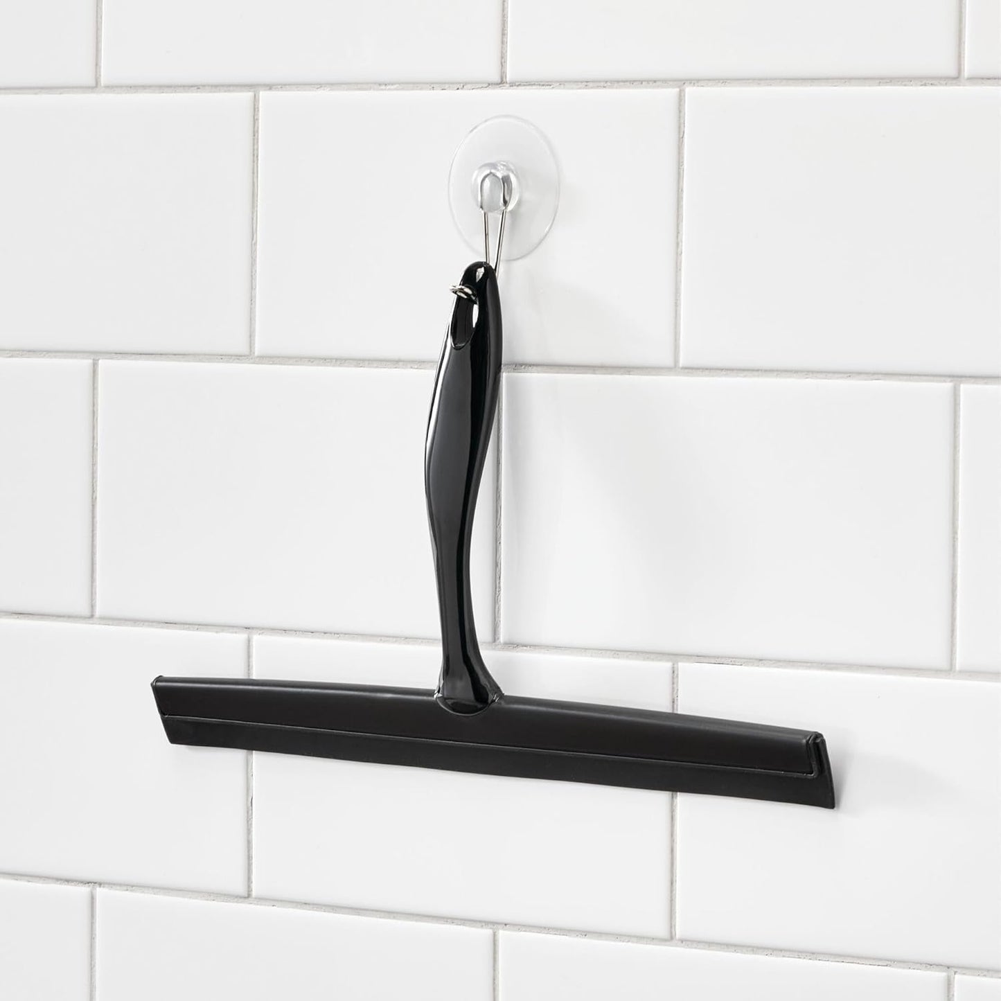 iDesign Zia Metal and Plastic Bathroom Squeegee for Shower, Glass Doors, Floors, Mirrors, with Suction Hook Holder , 12 Inches, Clear and Stainless Steel