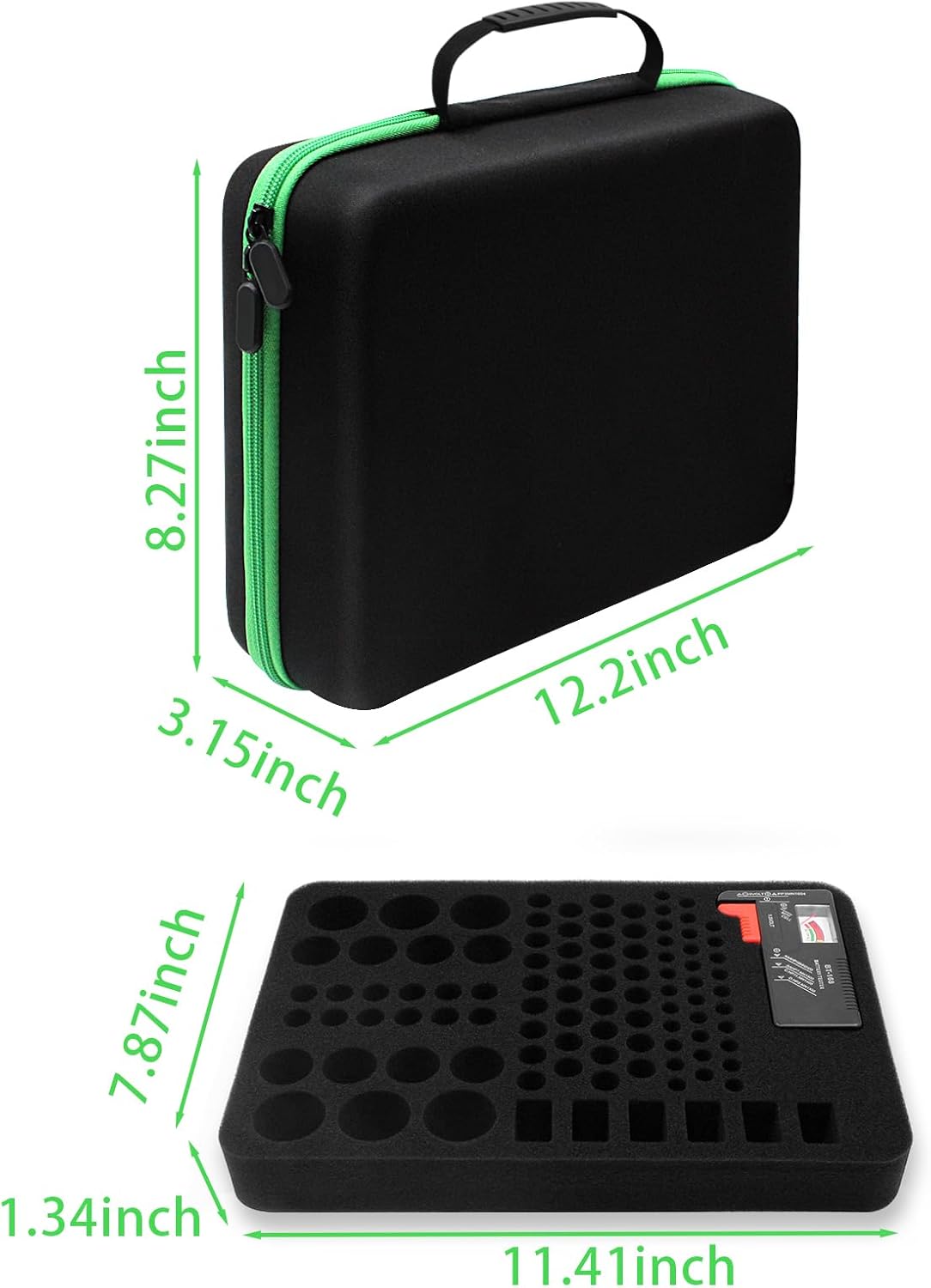 Battery Organizer Storage Case with Tester for AA AAA C D 9V Battery Holder 7 Batteries Variety Pack 111 Batteries Mesh Bag (Batteries Not Included) (black-green)