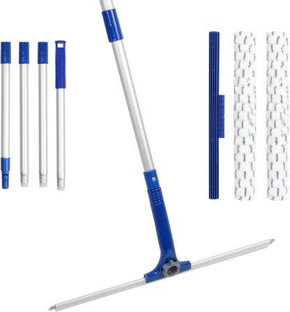 Window Shower Squeegee with 2 Pads Microfiber Scrubber, 14" Rubber Scrubber Squeegee with 59" Long Aluminum Handle for Window, Shower Glass Door, Mirror Cleaning