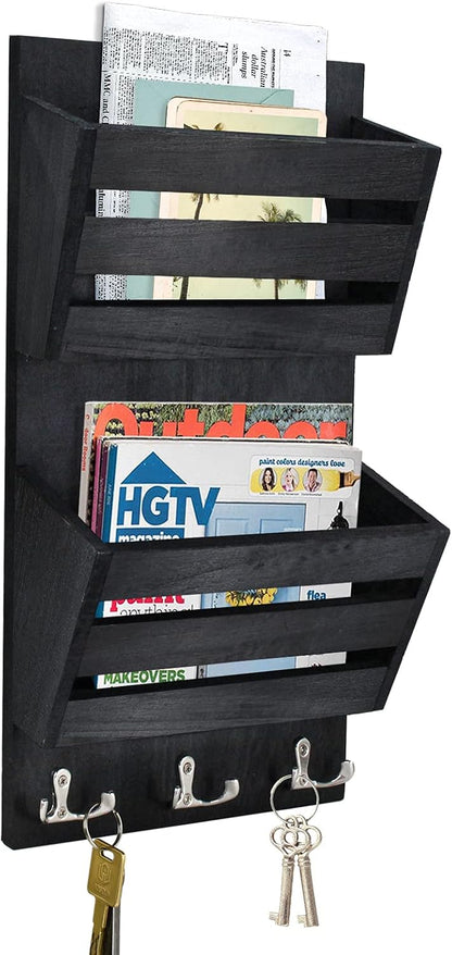 Unistyle Mail Organizer with 4 Hooks, Rustic Brown Wall Mount, Cedar Wood Key Holder for Letters, Magazines, Keys, Dog Leashes