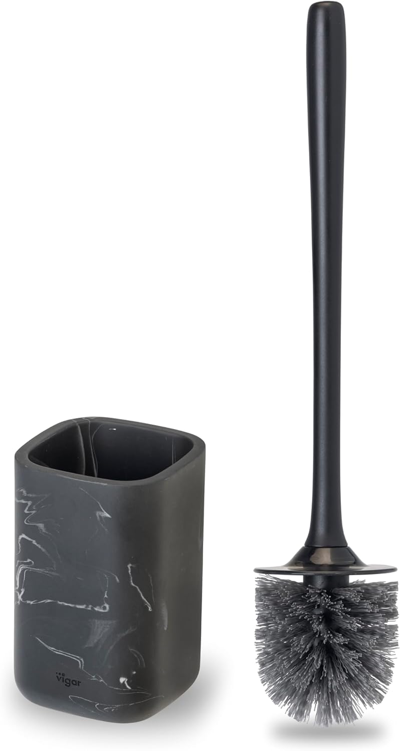 Vigar Zense Toilet Brush and Holder Set - Toilet Bowl Brush and Holder, Polyresin Stone Bathroom Accessory, Compact Toilet Cleaner Brush for Bathroom Decor and Toilet Accessories Set - White Marble