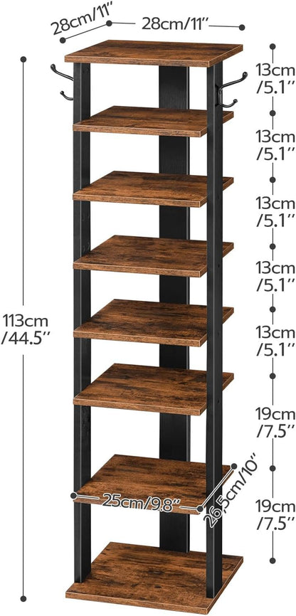HOOBRO 8 Tiers Vertical Shoe Rack, Wooden Shoe Storage Organizer with Hooks, Narrow Shoe Tower for 8 Pairs, Space Saving, for Entryway, Living Room, Bedroom, Rustic Brown BF07XJ01G1