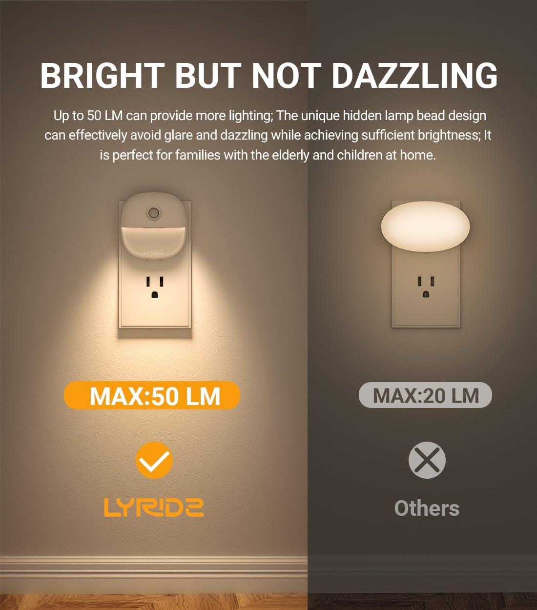 Lyridz Plug in Night Light with Motion Sensor and Dusk to Dawn Sensor, Dimmable Warm Nightlight with 1-50lm Adjustable Brightness Indoor for Bedroom, Bathroom, Stairs, Hallway, 4 Pack