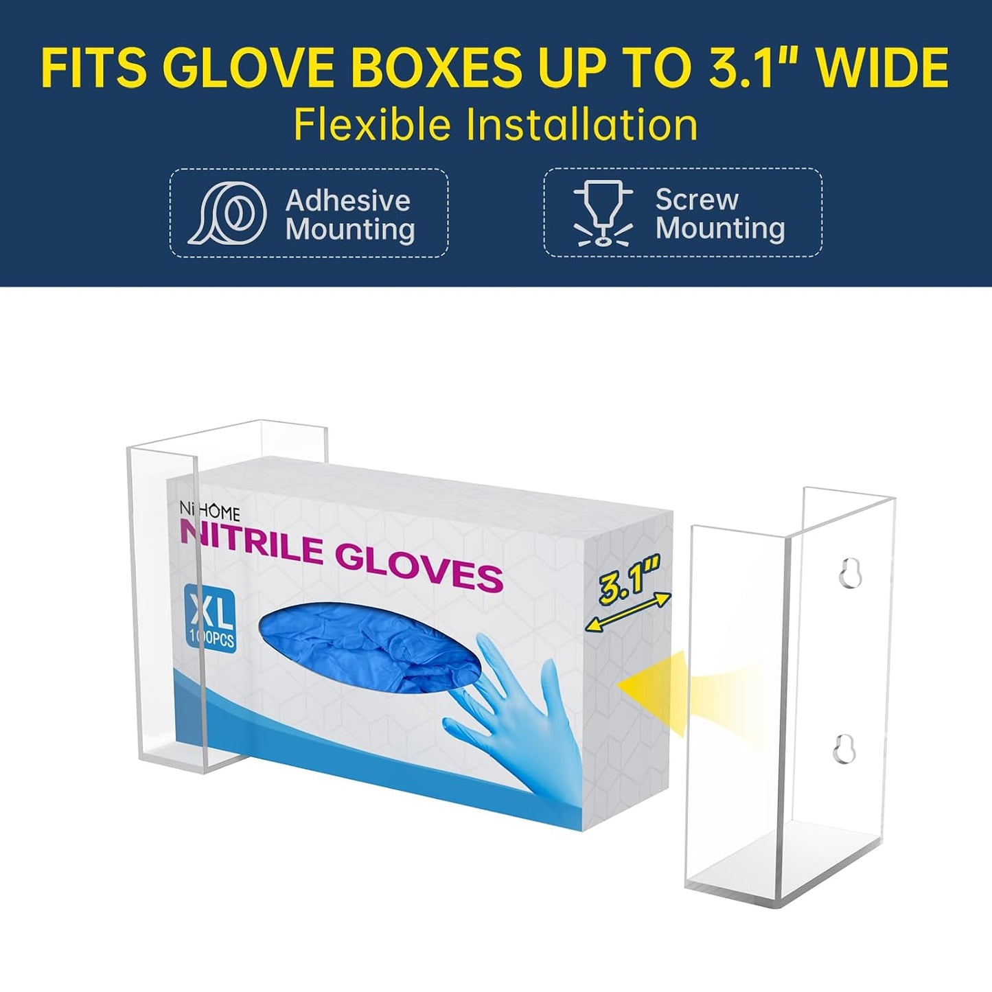 NiHome 2-Tier Clear Acrylic Glove & Tissue Box Holder Dispenser, Wall Mount | Space-Saving Glove Box Dispenser, Adjustable Organizer for Tissues, Baby Wipes, Adhesive or Screw Mount for Kitchen, Bathroom