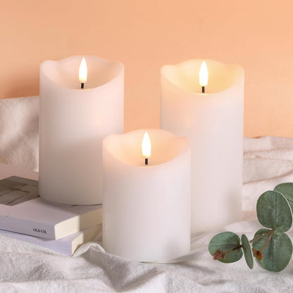 Eywamage Ivory Flameless Pillar Candles with Remote, Flickering Realistic LED Battery Wax Candles Set of 3, Φ 3" H 4" 5" 6"
