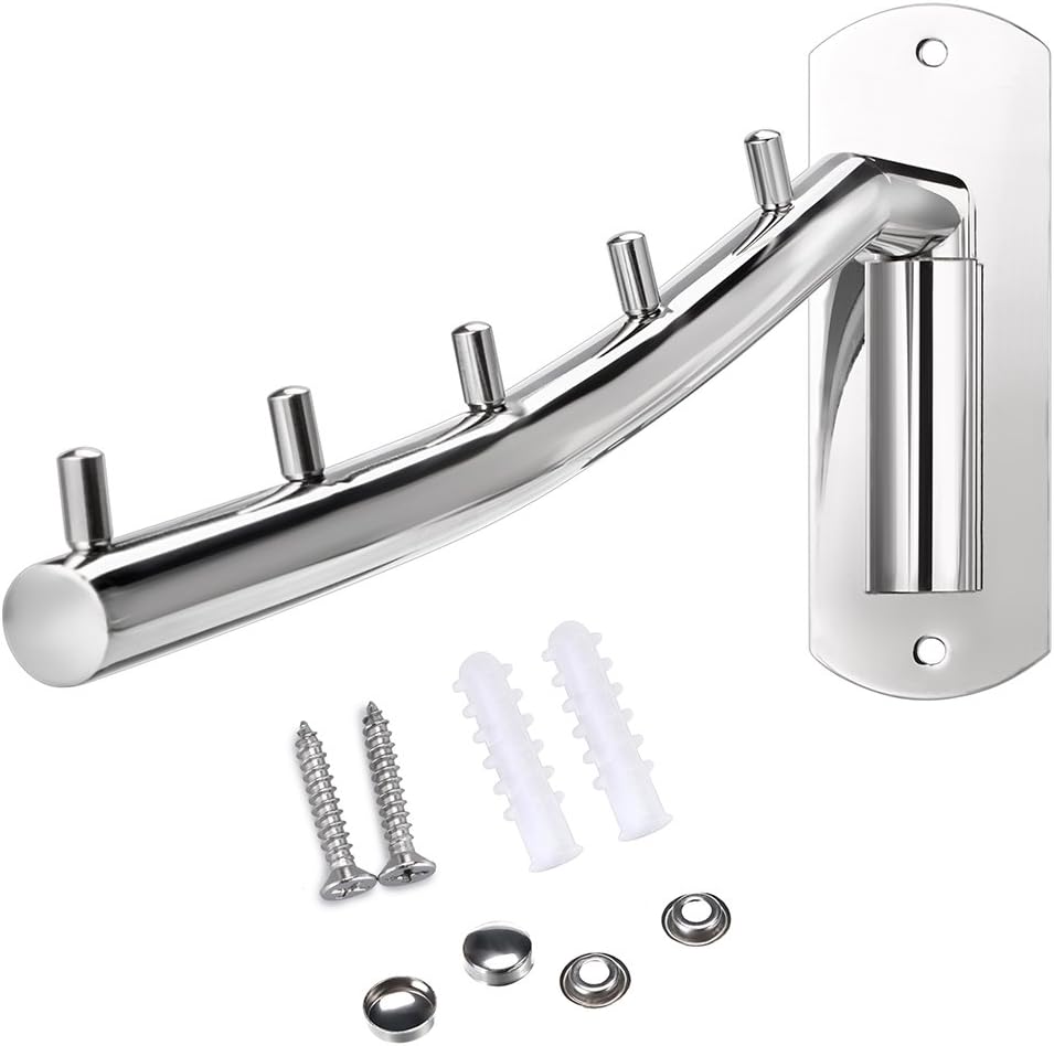 Sumnacon Stainless Steel Clothes Hanger Rack-Wall Mount Garment Hook with Swing Arm, Sturdy Coat Robe Storage Organizer for Laundry Room Bedrooms Clothing Drying Rack with 5 Hooks, Black