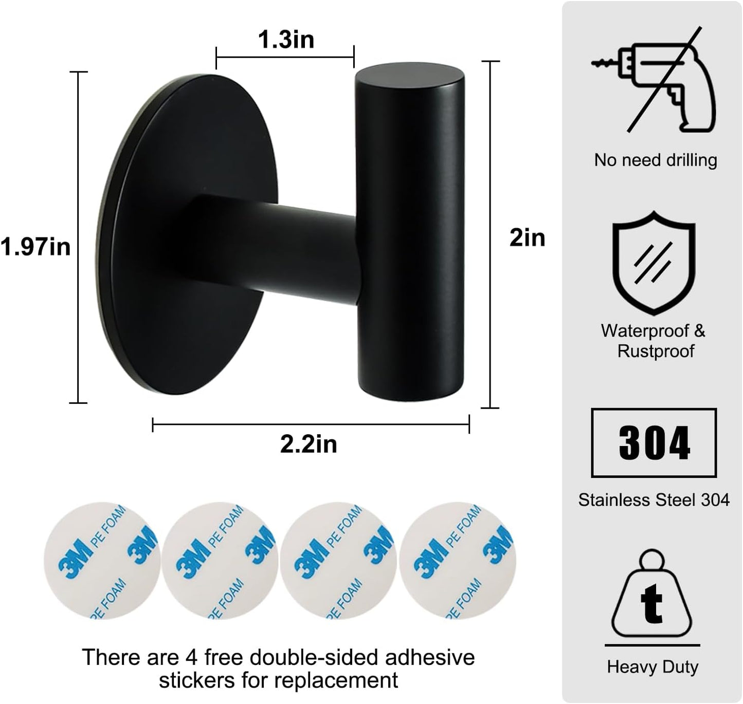 Vuzvuv Adhesive Hooks White SUS304 Stainless Steel - Self Adhesive Heavy Duty Waterproof Wall Hooks for Towel, Coat, Robe in Bathrooms Kitchen Hotel (2-Pack)