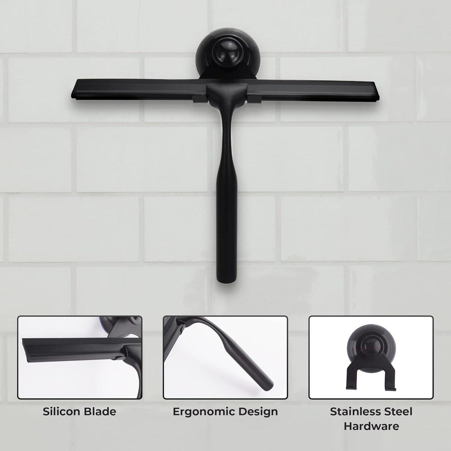 Matte Black Shower Squeegee for Glass Doors with Adhesive Hooks, Squeegee for Shower Glass, Cleaner Tool for Bathroom Household Window Mirror Tile Wall Car, 10 Inch Black