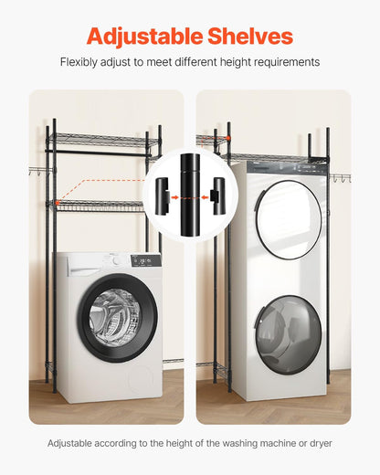 VEVOR Over The Washer and Dryer Storage Shelf, 3 Tier Laundry Room Drying Rack with Hanger Rod and Hooks, Adjustable Over Washer and Dryer Shelves, Laundry Room Shelf Storage Space Saver, Black