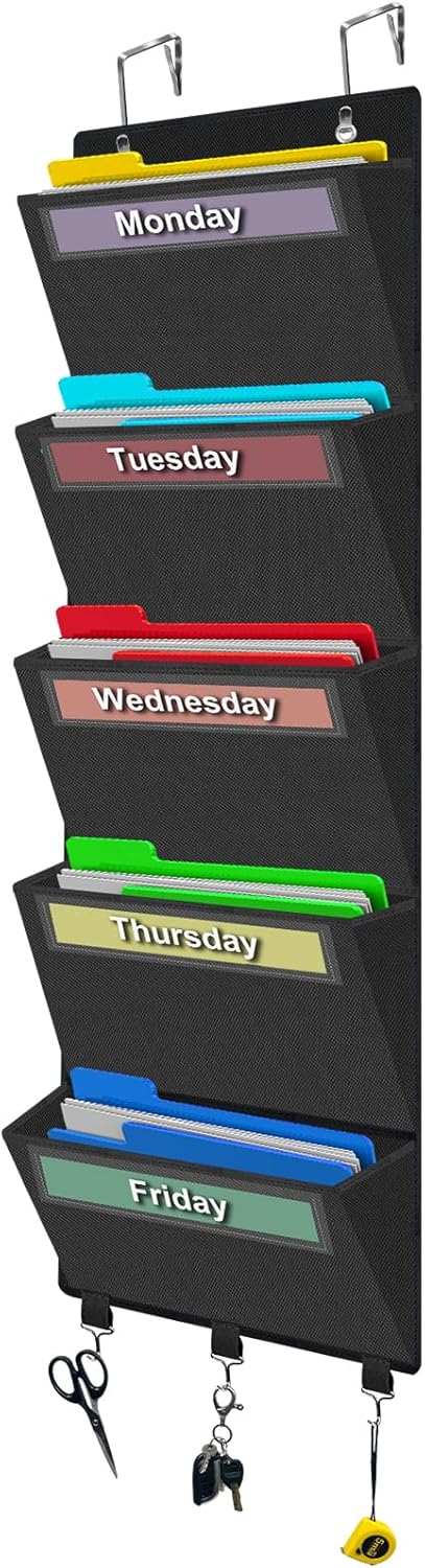 homyfort Over the Door File Organizer, Wall Hanging File Folders with 5 Large Pocket for Mails, Magazines, Back to School Supplies,Office Chart Storage, Paper Organization (Grey)