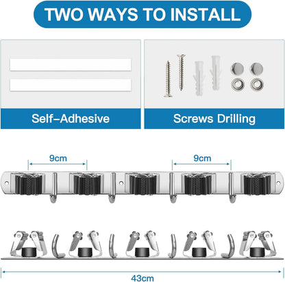 IMILLET 2 Pack Wall Mount Broom Holder Stainless Steel 5 Racks with 4 Hooks Broom Organizer Self Adhesive Heavy Duty Laundry Room, Garage Organization Storage