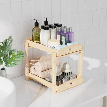 APRTAT 2 Pack Under Sink Organizer, Bamboo Wooden 2-Tier Pull-Out Storage with Sliding Drawers for Kitchen and Bathroom Cabinets, Easy Installation (Natural)