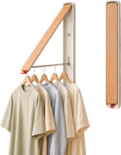 LEQ Clothes Drying Rack Wall Mounted, Foldable Laundry Drying Rack with Wood-Tone Aluminum Frame, Rustproof Retractable Clothes Hanger for Small Laundry Room, Bathroom, Balcony,White
