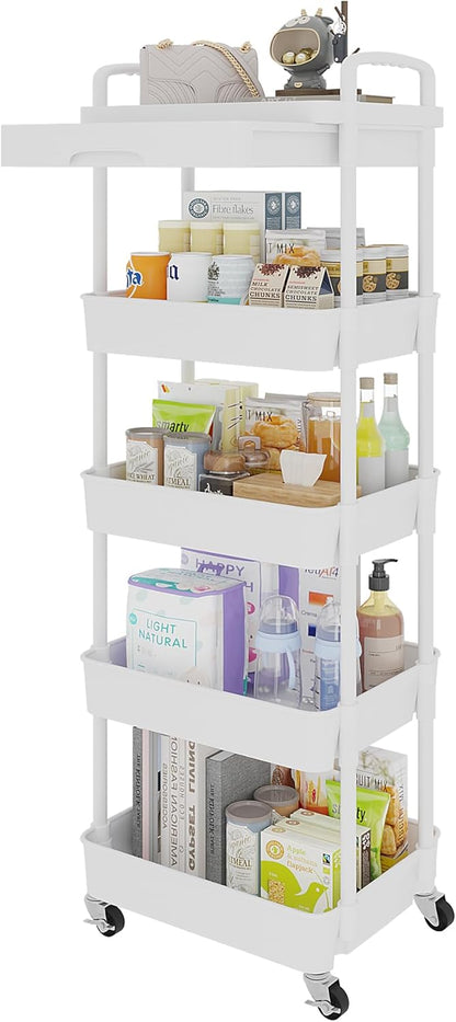 Calmootey 3-Tier Rolling Utility Cart with Drawer,Multifunctional Storage Organizer with Plastic Shelf & Metal Wheels,Storage Cart for Kitchen,Bathroom,Living Room,Office,White