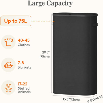 Lifewit Slim Laundry Basket with Lid, Narrow Laundry Hamper with Plastic Handles and Removable Bag, Tall Foldable Dirty Clothes Hampers for Laundry Room, Bedroom, Bathroom, Dorm, 65L Beige