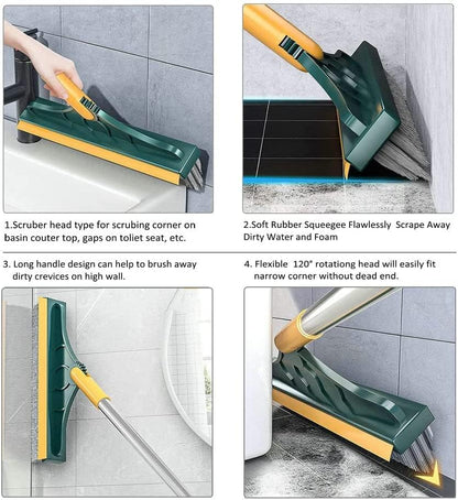 2 in 1 Cleaning Scrub Brush Grout Brush Scrape Floor Scrub Brush with Long Handle V-Shape Stiff Bristle Brush Scrubber with Squeegee 120°Rotating Shower Scruber for Cleaning Bathroom Glass Wall