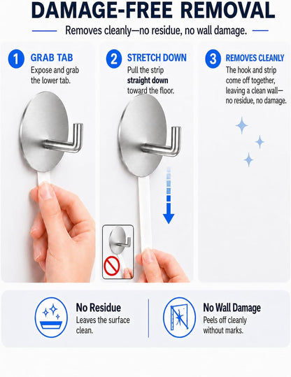 Removable Towel Hooks for Bathrooms, Heavy Duty Adhesive Hooks for Walls No Damage, Black Home Storage Hooks for Inside Shower, Sticky Hooks for Hanging Robe Coat Loofah Clothes Kitchen, 14Pcs Sus304