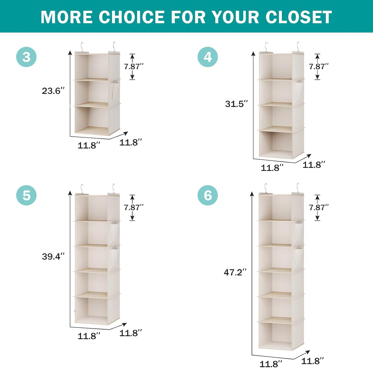 YOUDENOVA Hanging Closet Organizer, 4-Shelf Closet Hanging Storage Shelves, Grey