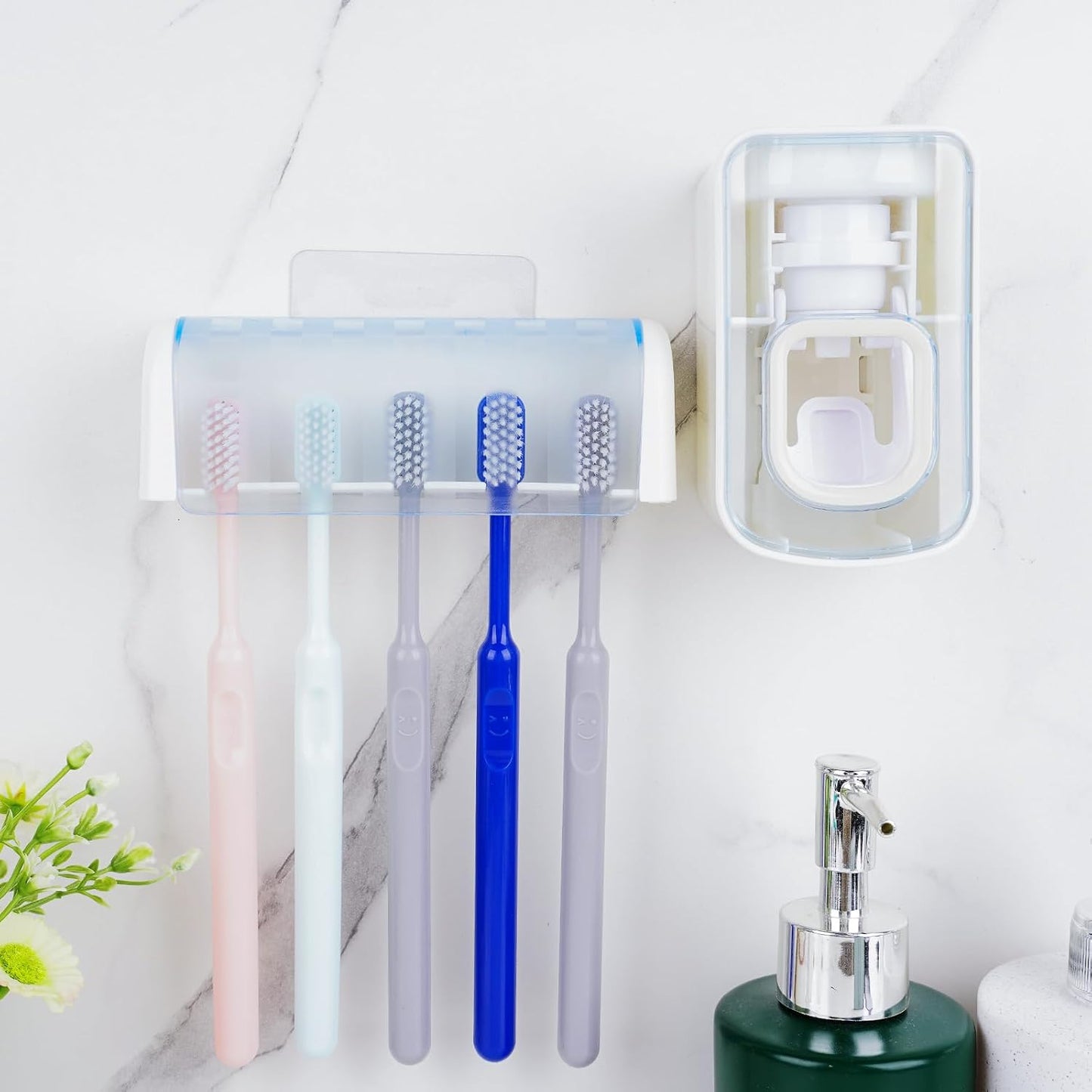5 Slots Wall Mount Toothbrush Holder with Cover, Self Adhesive Toothbrush Storage Organizer for Shower, Toothbrush Hanger with Automatic Toothpaste Squeezer Dispenser
