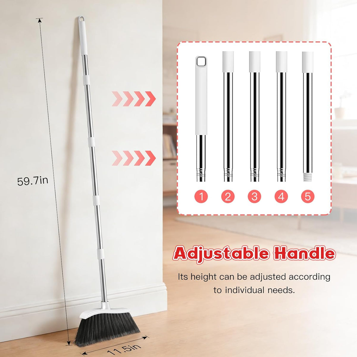 Heavy Duty Broom, 54-inch Adjustable Long Handle Angle Brooms Large Brooms for Sweeping Indoor and Outdoor Commercial Broom for Home Kitchen Patio Garage Porch Courtyard Classroom, Red