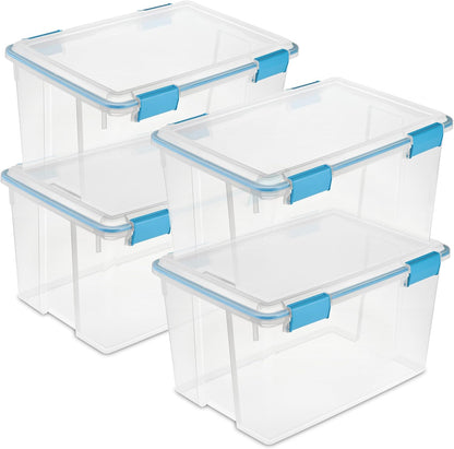 Sterilite 4-Pack Gasket Box, Home Storage Organizer Bins with Lids, 37 Quart – Stackable Clear Plastic Containers for Bedroom, Bathroom, Garage, Basement, or Attic