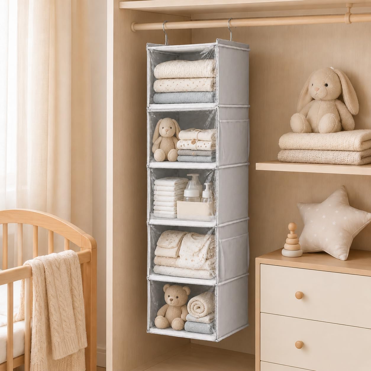 Vailando Hanging Closet Organizer – 5 Shelf Closet Hanging Storage Shelves with Clear Dust-Proof Covers for Clothes, Shoes, Purses, Gray