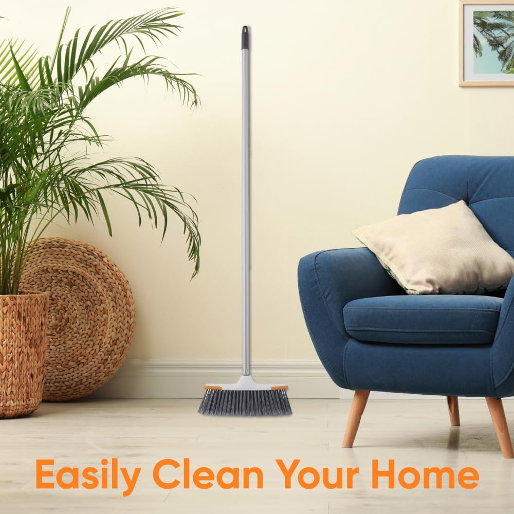Superio Grey Broom, Heavy-Duty Indoor & Outdoor Broom with 48-Inch Handle, Multi-Surface Floor Cleaning for Home, Kitchen, Garage & Office