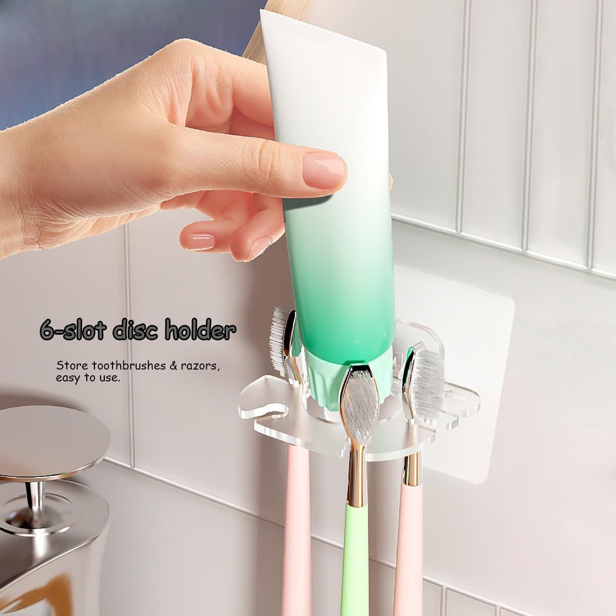 Wall Mounted Toothbrush Holder 2 Pack, No Drill Self Adhesive 6 Slots Clear Waterproof Bathroom Organizer for Electric Toothbrush