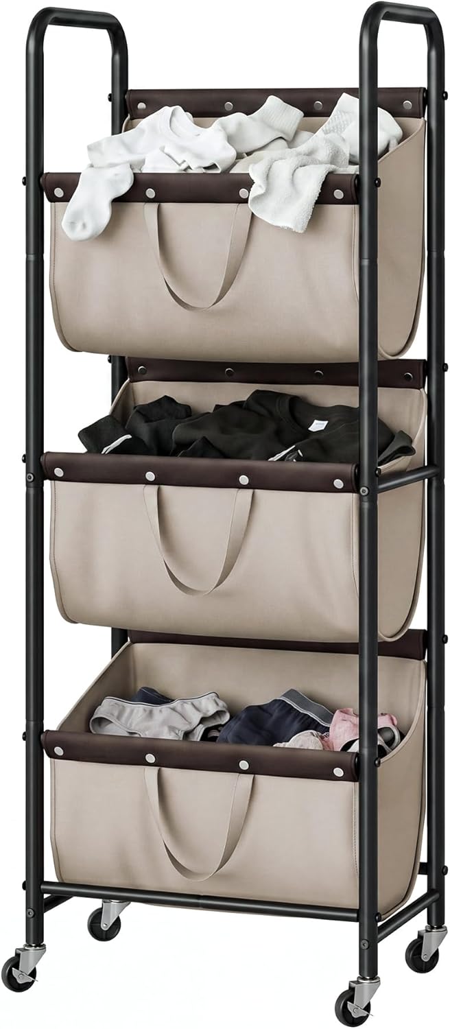 GRANNY SAYS 3 Section Tiered Laundry Sorter, Slim Vertical Laundry Hamper with Wheels, Narrow Rolling Laundry Cart with Removable Bags for Laundry Room, Bathroom, Closet, Dorm, Beige