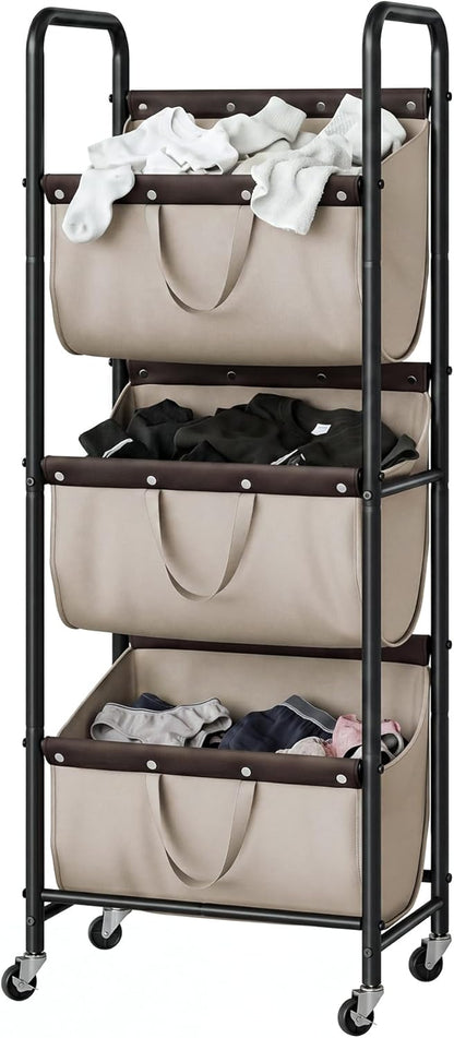 GRANNY SAYS 3 Section Tiered Laundry Sorter, Slim Vertical Laundry Hamper with Wheels, Narrow Rolling Laundry Cart with Removable Bags for Laundry Room, Bathroom, Closet, Dorm, Beige