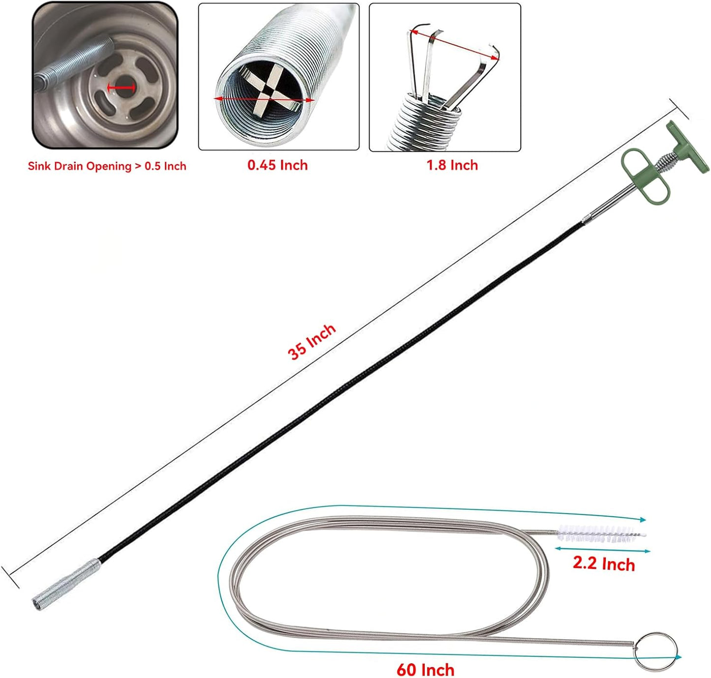 Upgrade 33 Inch Drain Snake Clog Remover with Stronger Claw, Flexible Grabber Tool with Bonus 60 Inch Drain Brush