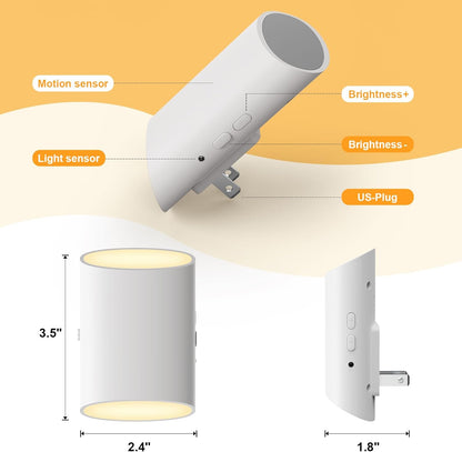 LED Night Light Plug into Wall with Motion Sensor & Dusk to Dawn Sensor, Soft White 3000K, 1-100LM Adjustable Brightness, Nightlights for Bathroom, Hallways, Bedroom, Stairway, 2 Pack