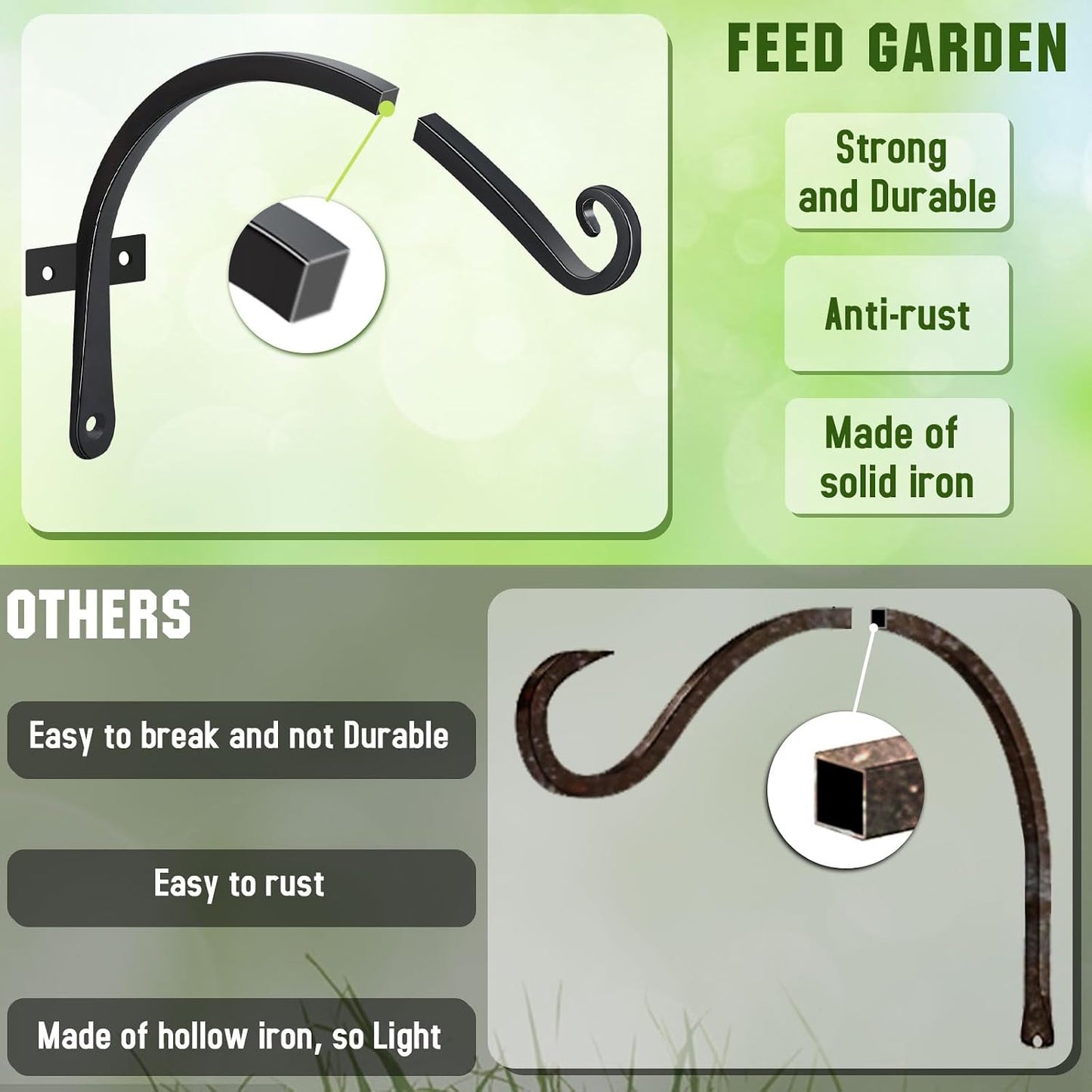 FEED GARDEN Heavy Duty Plant Hangers Outdoor Indoor, 8 Inch 2 Pack Metal Hanging Bracket Holds Up to 44 lbs, Wall Brackets for Hanging Baskets, Bird Feeders,Wind Chime& Lanterns, Black