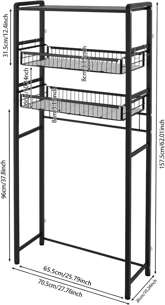 mignonnememe Over Washer and Dryer Shelves 3 Tier Shelving Laundry Room Storage Organization Clothes Drying Rack with 4 Hooks for Laundry Room Toilet (Black)