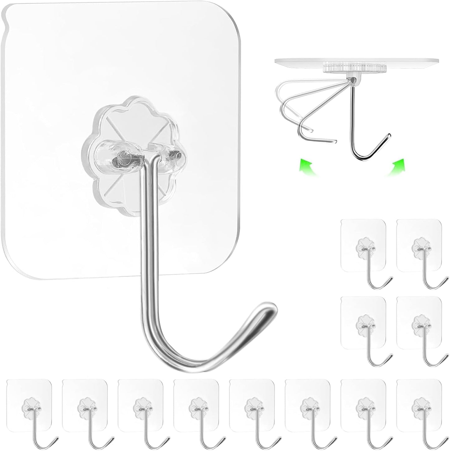 ZESLMG Adhesive Wall Hooks for Hanging, 16 Pack Self Sticky Hooks Heavy Duty 22lb Clear, Removable Shower Hook No Damage for Towel Key Coat Wreath Picture Outdoor Ceiling Bathroom Kitchen, Waterproof