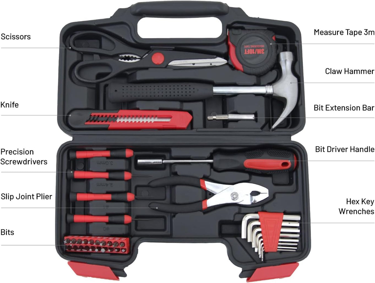 Hantinstom 39-Piece Household Tools Kit Essential Home Repair Set with Plastic Toolbox Ideal for College Students, Home Use & More