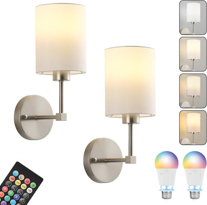 Battery Operated Wall Sconces Set of Two,Wireless Rechargeable Wall Light With Remote Control, Dimmable, Amber Light/Warm White/Natural White/Daylight/RGB, Timer,for Living Room,Bedroom,Entryway,Gold