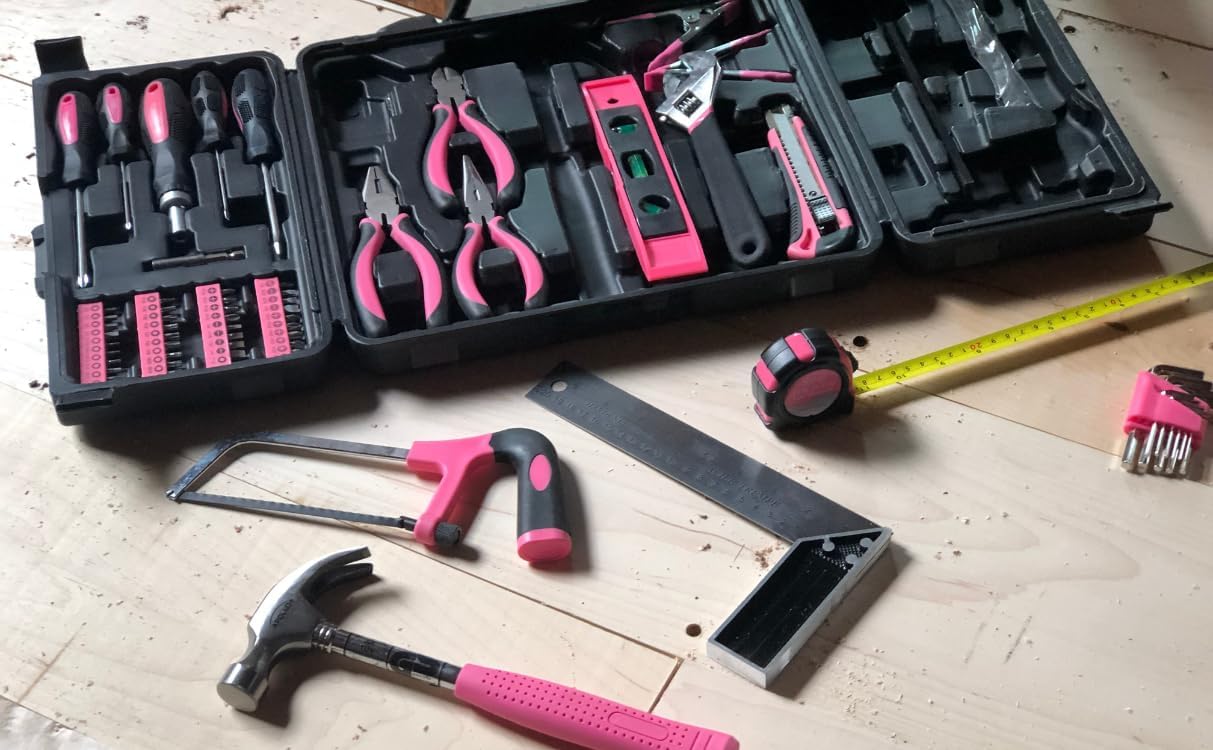 Apollo Tools 71 Piece Complete Household Tool Set with Clamp, Hacksaw, Carpenter Square, Screwdriver and Plier Sets for College, Home Repairs and DIY - Red - DT0204