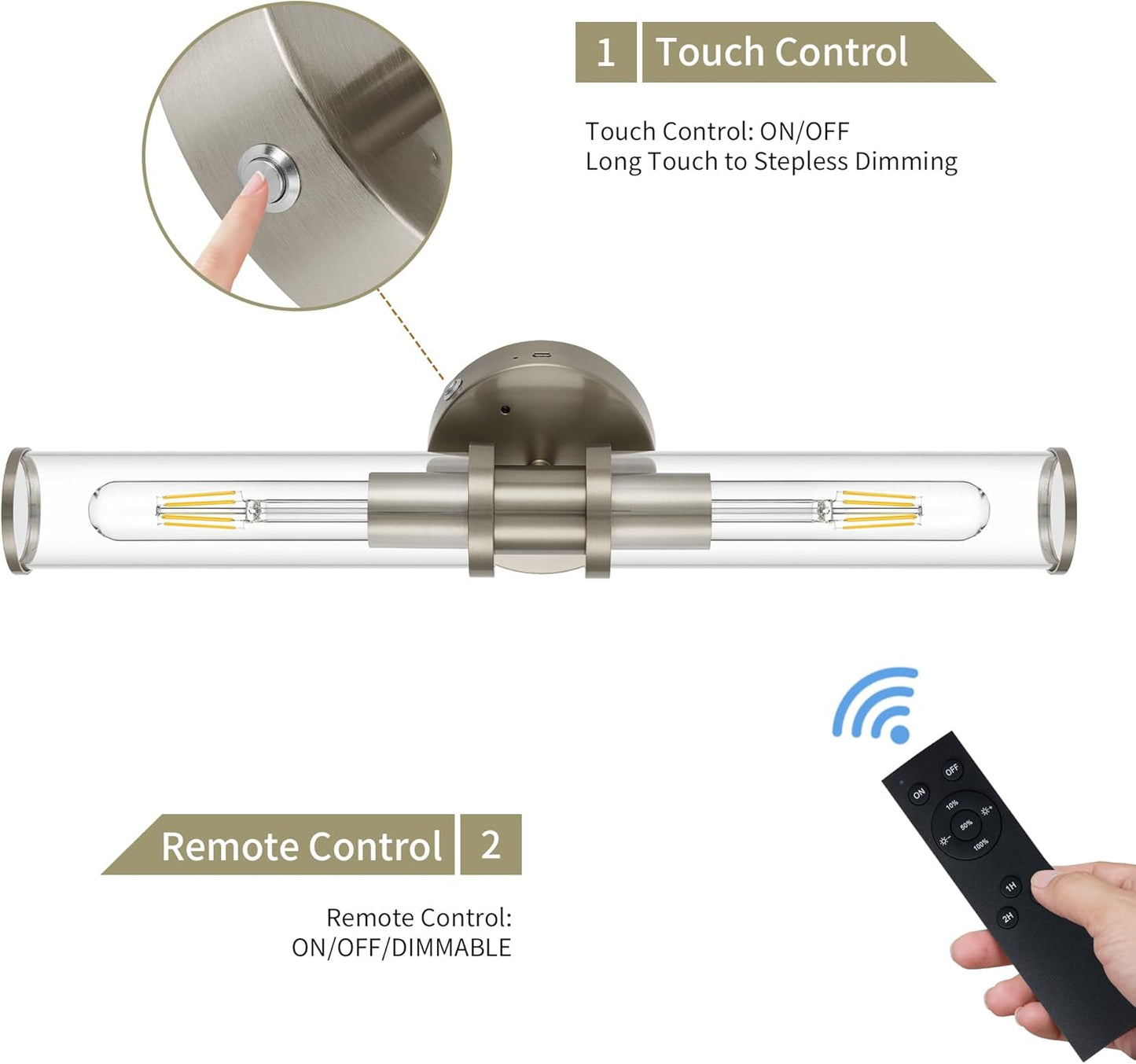 Wireless Wall Sconces with Remote Control, Battery Operated Wall Sconce Set of 2 with Timer, Gold Rechargeable Dimmable Glass Wall Lights for Living Room Bedroom Hallway Entryway 3000K, 20.5 Inch