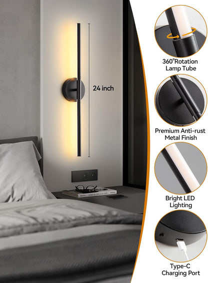 Battery Operated Wall Sconces Set of 2, Modern Wireless Wall Lights with Remote & Touch Control, 24 Inch Black Dimmable Rechargeable LED Sconce with 3 Colors & Timer for Bedroom, Living Room, Hallway