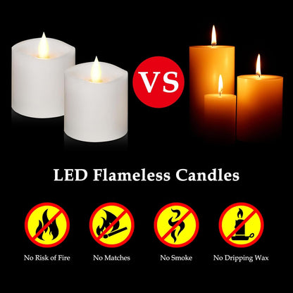 3"x4" Flickering Flameless Battery Candles with Timer, White Realistic LED Pillar Candles, Set of 2 Large Remote-Operated Candles for Home Indoor/Outdoor & Holiday Decor