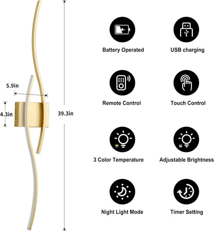 KARTOOSH Battery Operated Wall Sconces Set of Two with Remote Control, Dimmable/3 Colors/Night-Light/Timer/Memory, Gold Modern Wireless LED Sconce for Living Room, Hallway, Bedroom, 27.5 Inch (2 Pack)